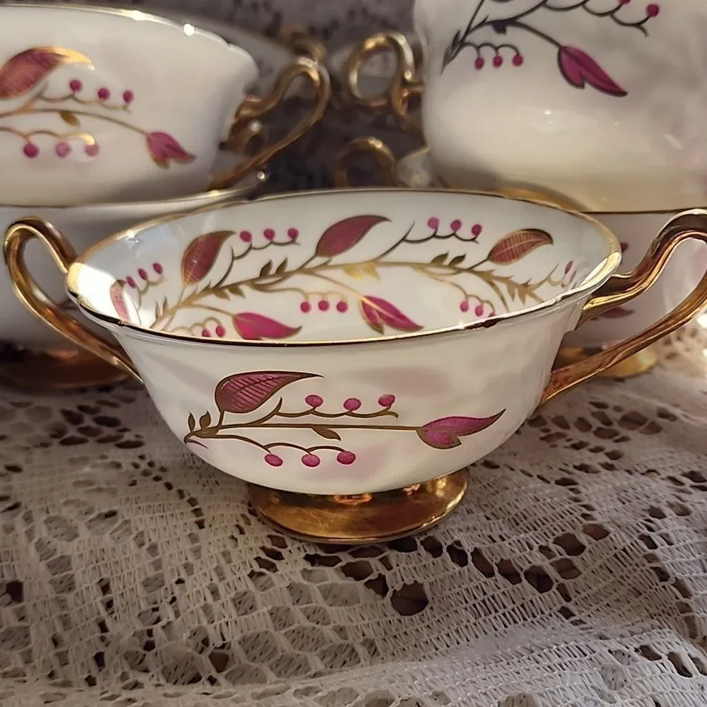 Rare Shelley Fine Bone China Double Handled Cream Soup Bowls  Pink Berry Vine